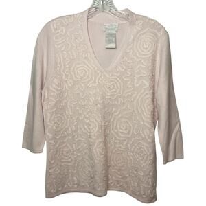 Blush Pink Embroidered Swirl V-Neck Knit Top Elegant Sz Medium Soft Girl
